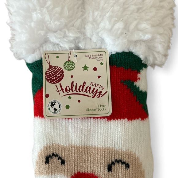Santa Claus Faux Sherpa Lined Soft Non-Slip Red Green Slipper Socks Christmas - Picture 3 of 3